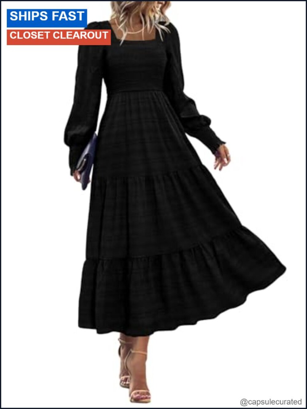 Womens Long Sleeve Smocked Maxi Dress Square Neck Flowy A Line Party
